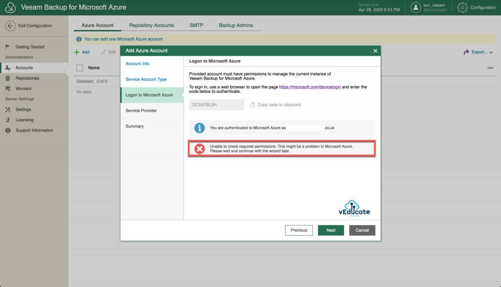 Veeam Backup for Azure Logon to Microsoft Azure Unable to check the required permissions