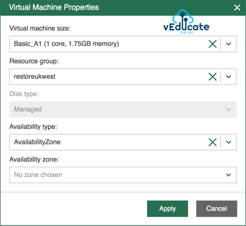 Veeam Backup for Azure Restore VM Restore Restore Virtual Machines Restore Mode Specify settings for the instance Virtual Machine Properties
