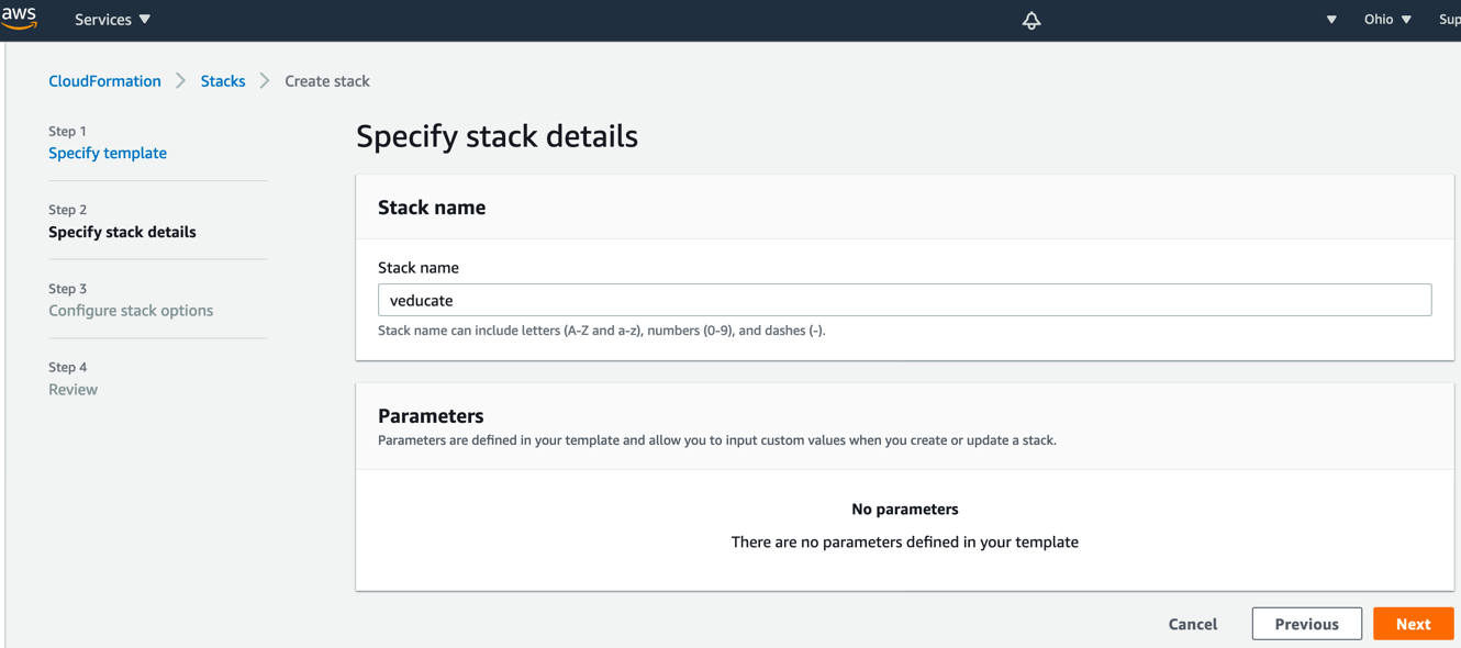 TMC Data Protection AWS Console CloudFormation Create a Stack Specify stack details