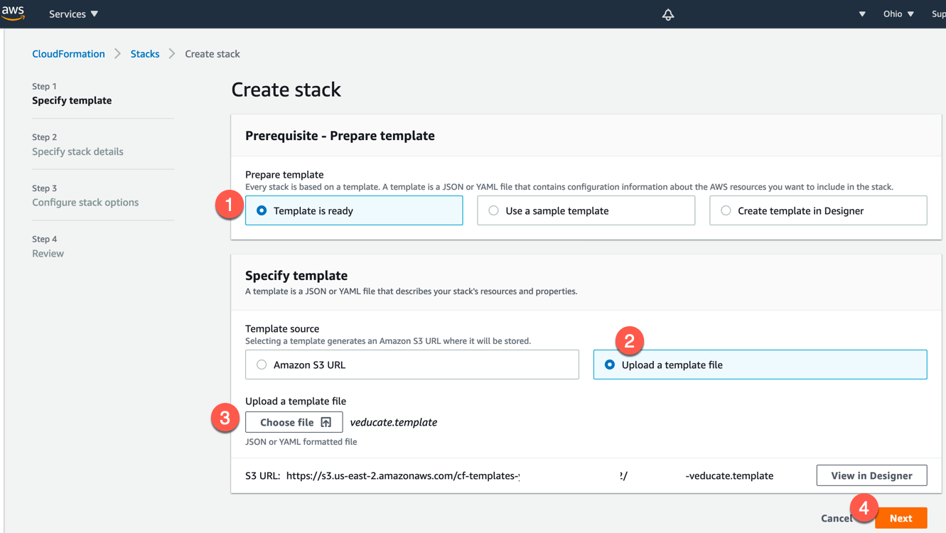 TMC Data Protection AWS Console CloudFormation Create a Stack Specify template