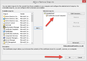 certicate snap-in added for local computer