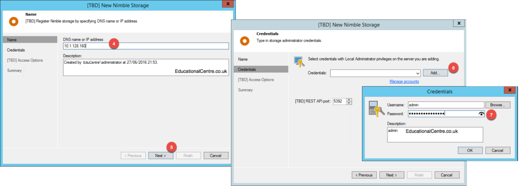 Adding Nimble Storage to Veeam - New Nimble Storage - Name and Credentials