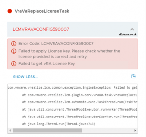 LCMVRAVACONFIG590007 Failed to apply License key
