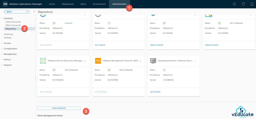 vRealize Operations add Management Pack