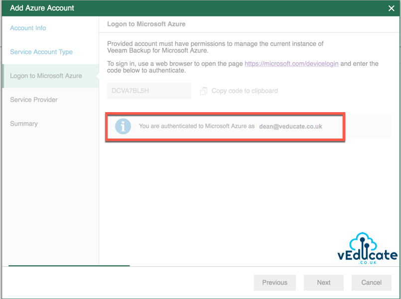 Veeam Azure Getting started Add Microsoft Azure Account Wizard Logon to Microsoft Azure You are authenticated to Microsoft Azure e1591461970596