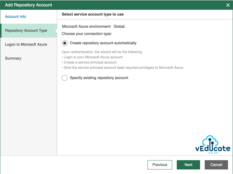Veeam Azure Getting started Add Repository accounts Service Account Type