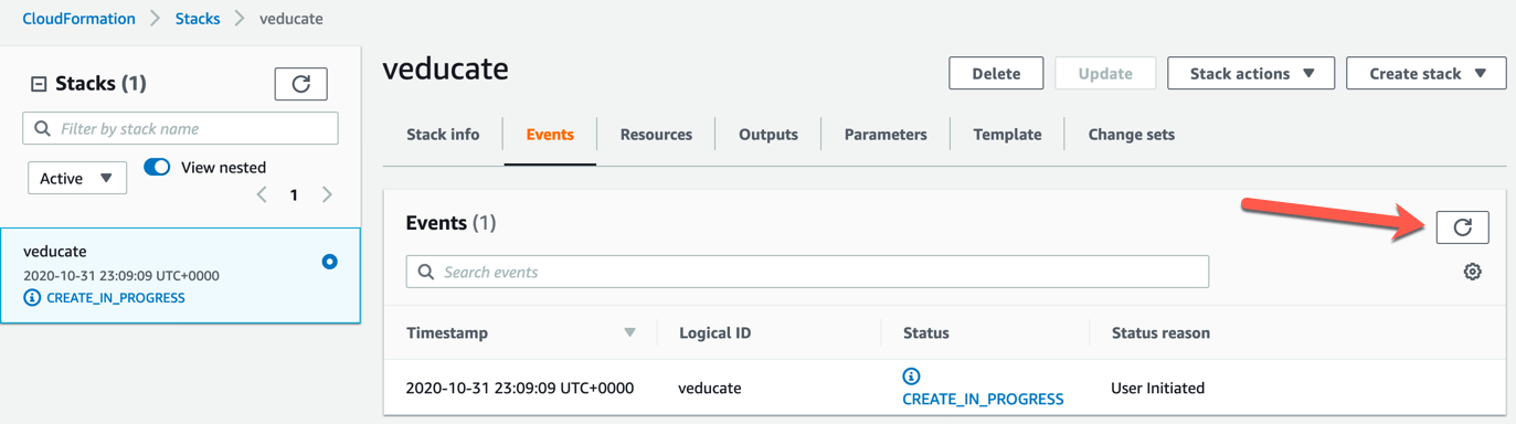 TMC Data Protection AWS Console CloudFormation Create a Stack Create in progress