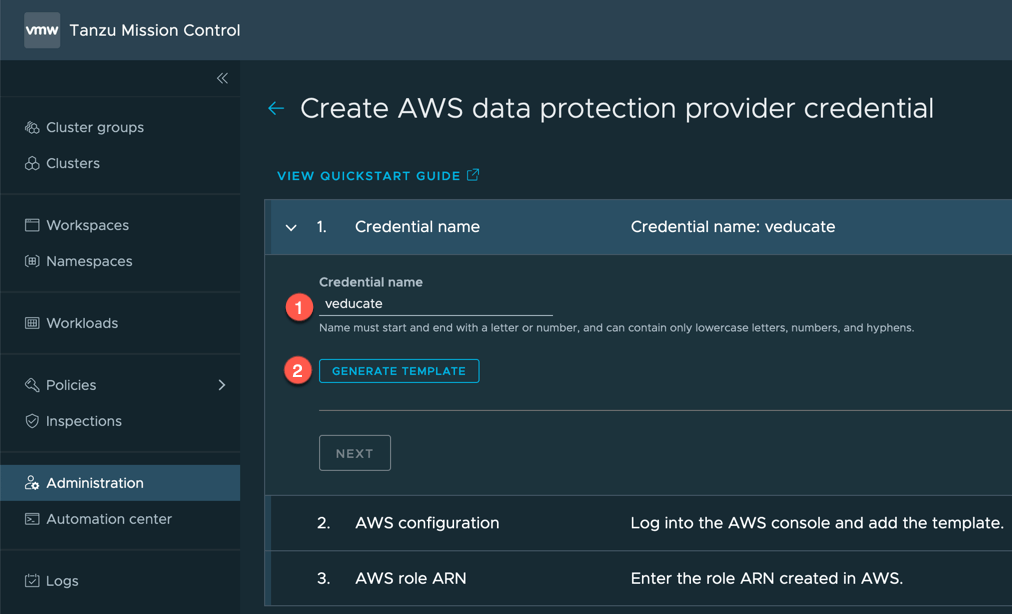 TMC Data Protection Create AWS Data protection credential Credential Name Generate template