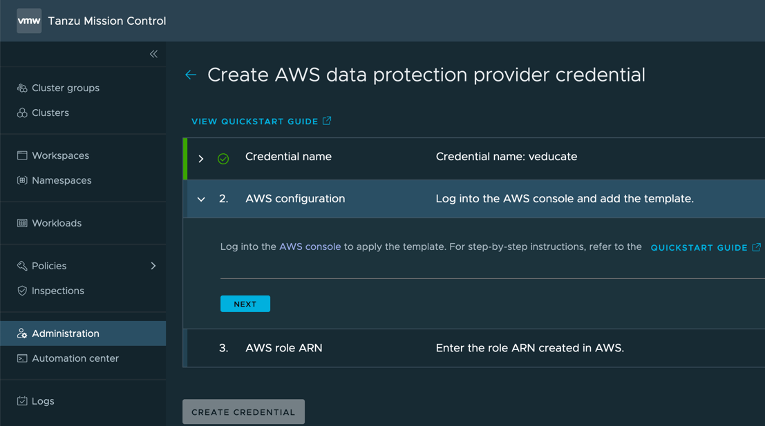 TMC Data Protection Create AWS Data protection credential log into the AWS console