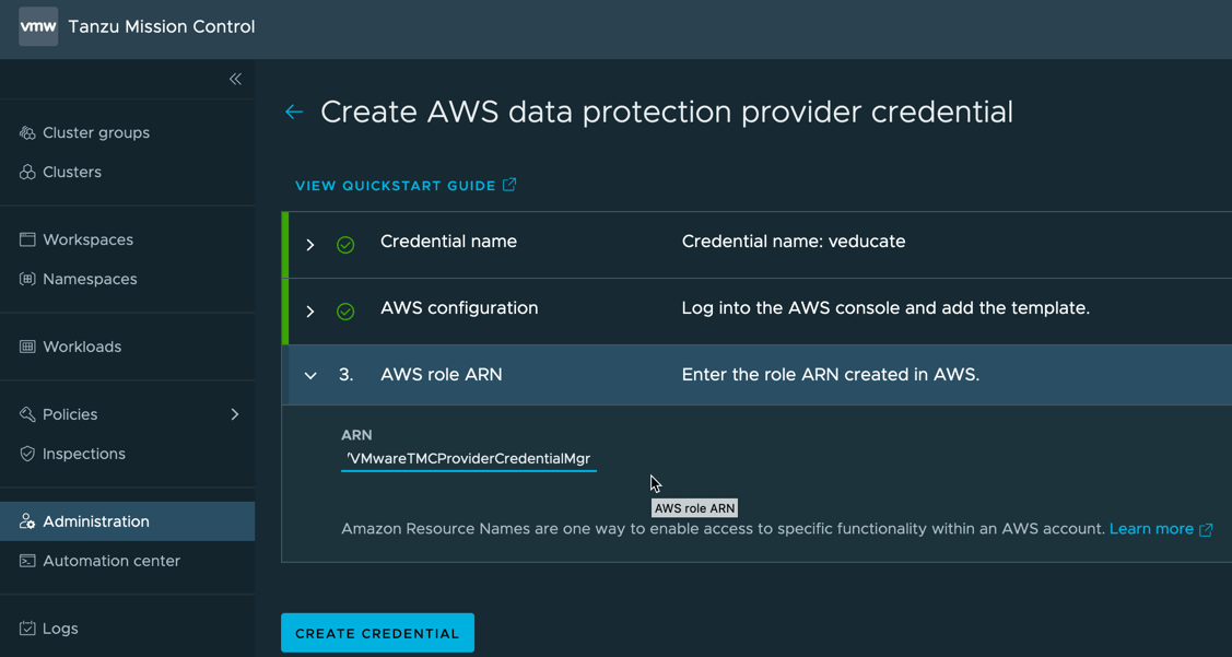TMC Data Protection Enter the role ARN created in AWS