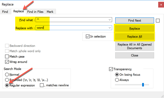 notepad find and replace add work to start end of each line