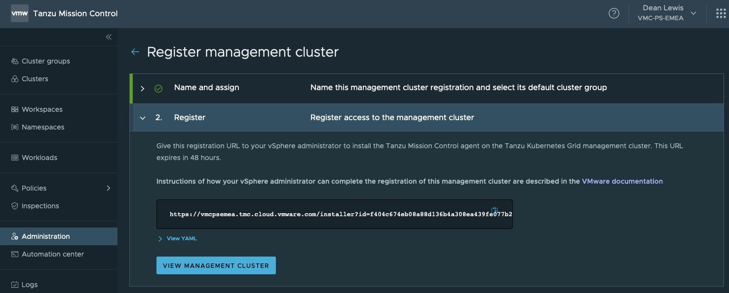 Deploy Management cluster to Azure - Register TMC - TMC register management cluster url