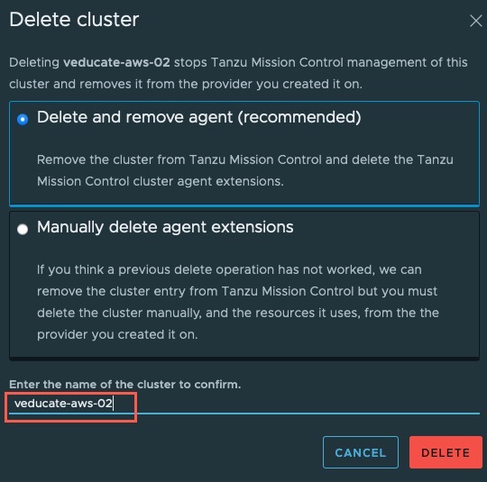 Tanzu Mission Control - Cluster Object - Delete cluster - Confirm