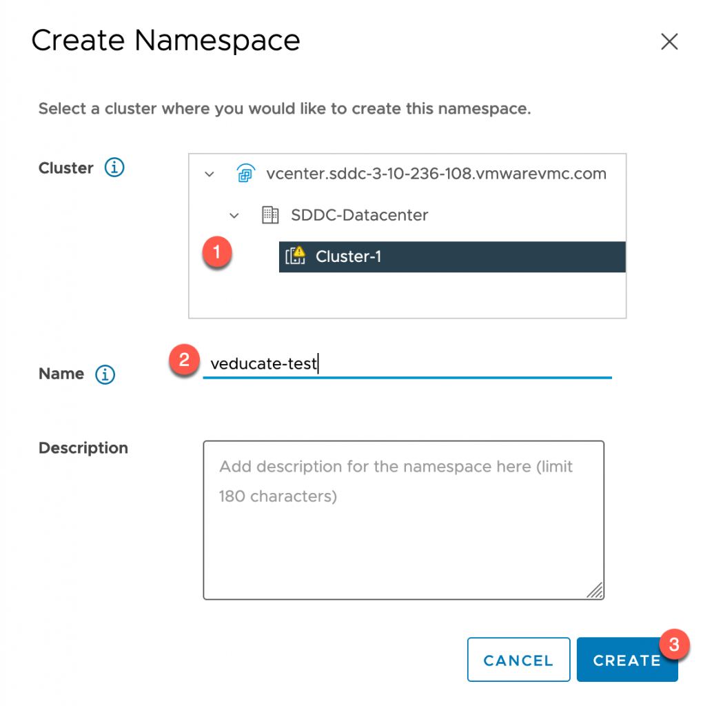 VMC - TKG Activated - vCenter - Workload Management - Create namespace