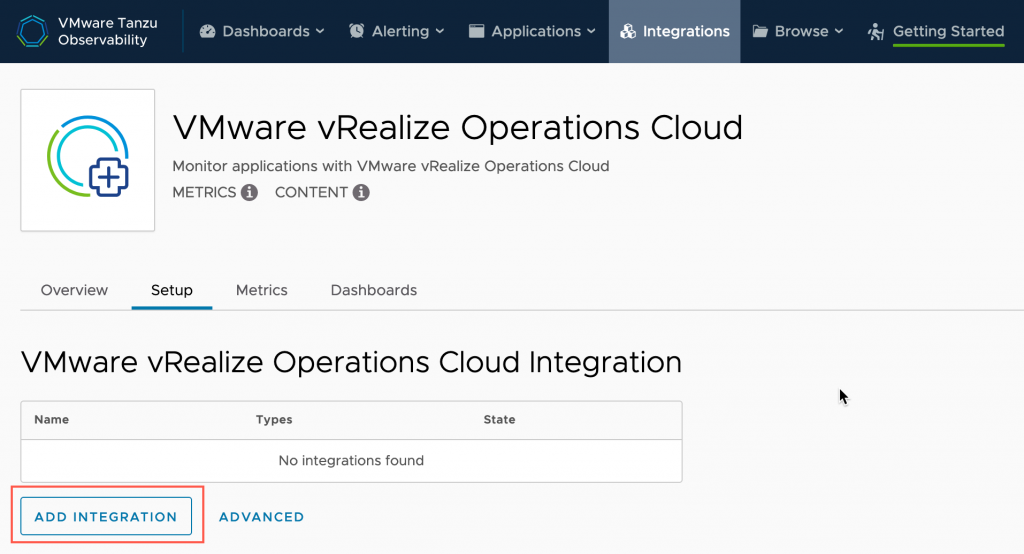 Tanzu Observability - vRealize Operations Cloud - Integrations - Add Integration