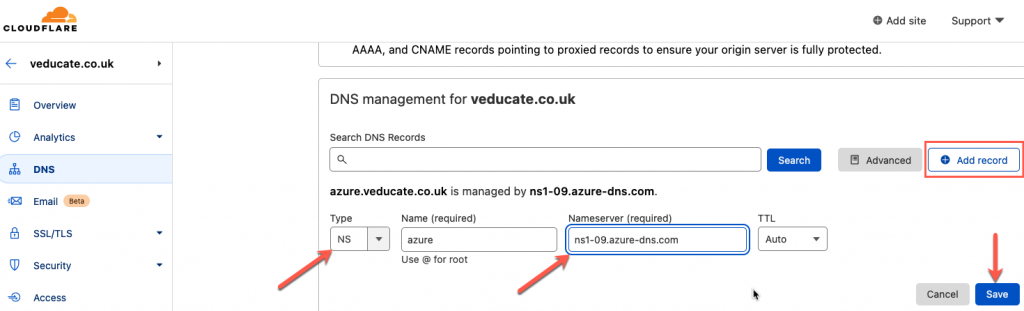 CloudFlare DNS delegation to Azure - CloudFlare - DNS - Add Record
