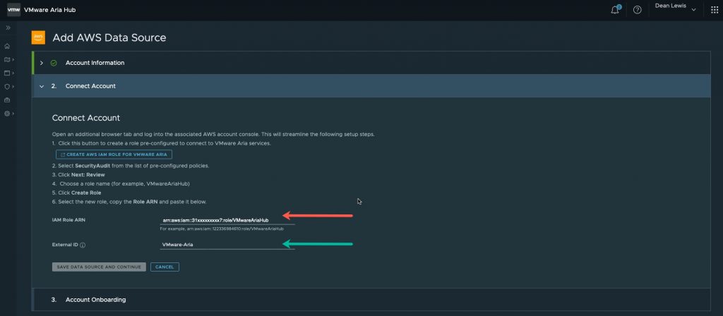 VMware Aria Hub - Getting Started with AWS - Create Data Source - Connect Account with ARN
