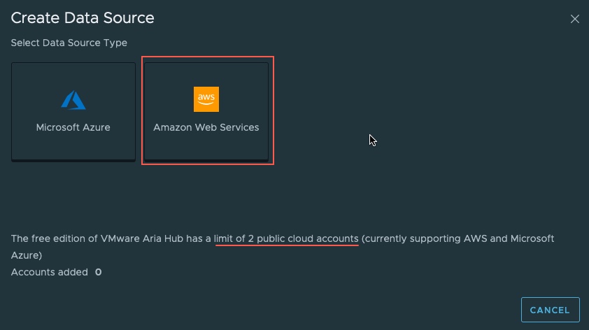 VMware Aria Hub - Getting Started with AWS - Create Data Source