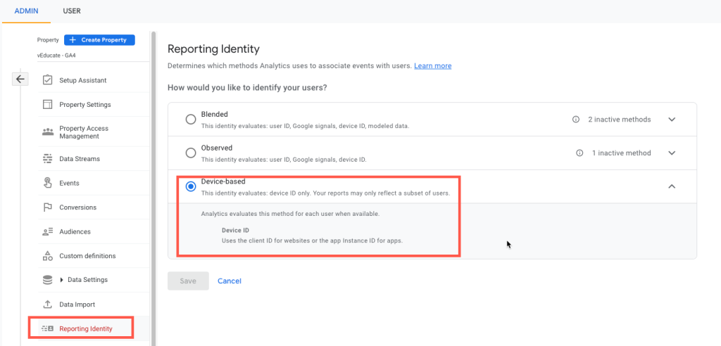 Google Analytics - Reporting Identity - Device Based
